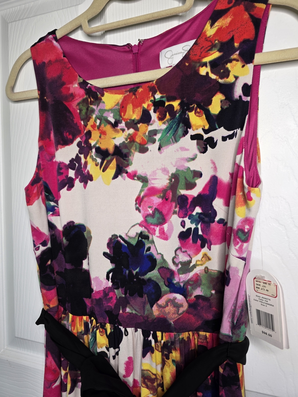 NWT Jessica Simpson Floral Sleeveless Fit-and-Flare Dress with Black Waist Tie - Picture 4 of 16